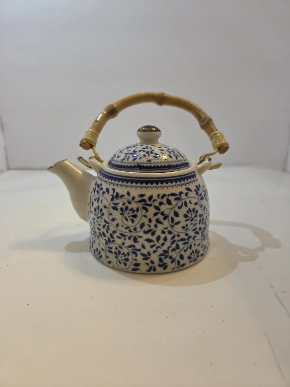 Vintage Chinese Blue and White Porcelain Teapot with Bamboo Handle - Floral Chin